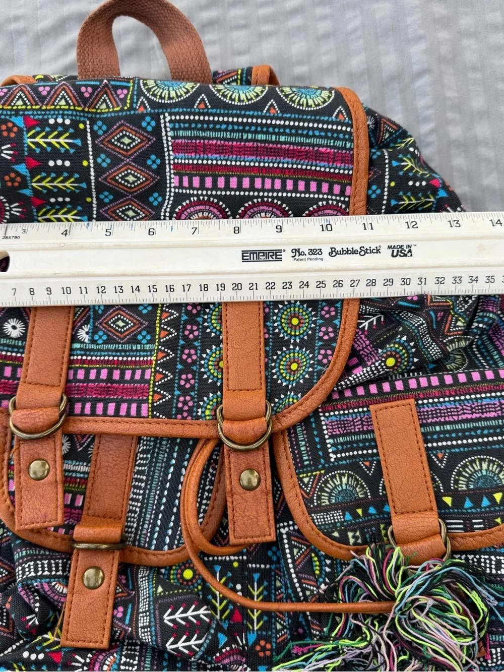 Boho Multicolor Patterned Backpack with Tan Trim